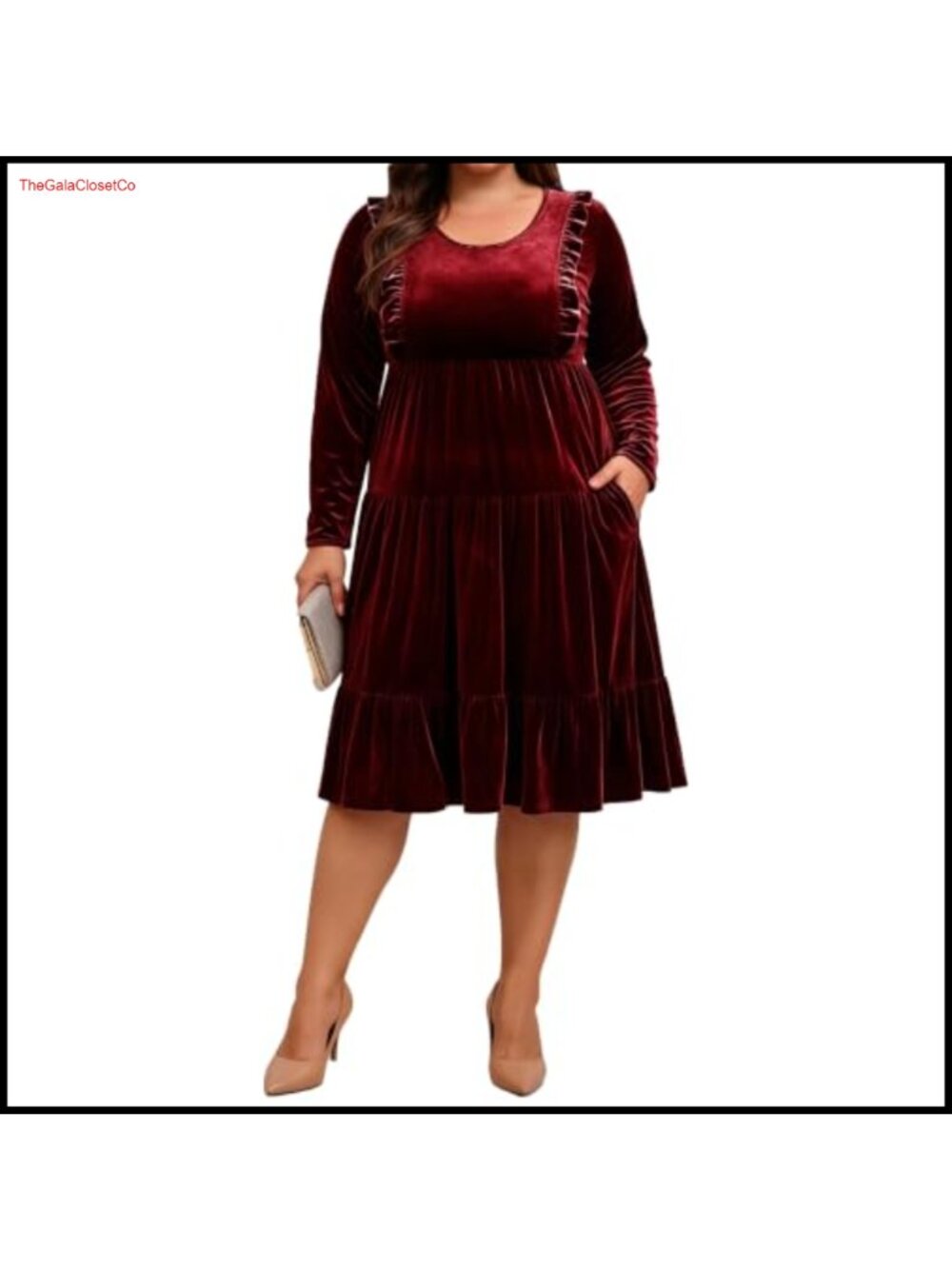 Plus Size Velvet Long Sleeve Midi Cocktail Party Dress